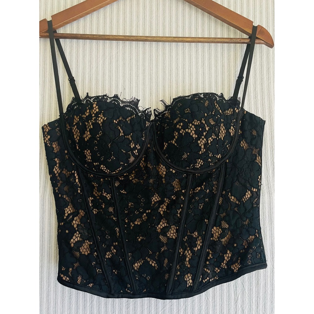 TIC TOC Gabriela Lace Sexy Bustier Top Black Floral Eyelash Trim TA28427 Large